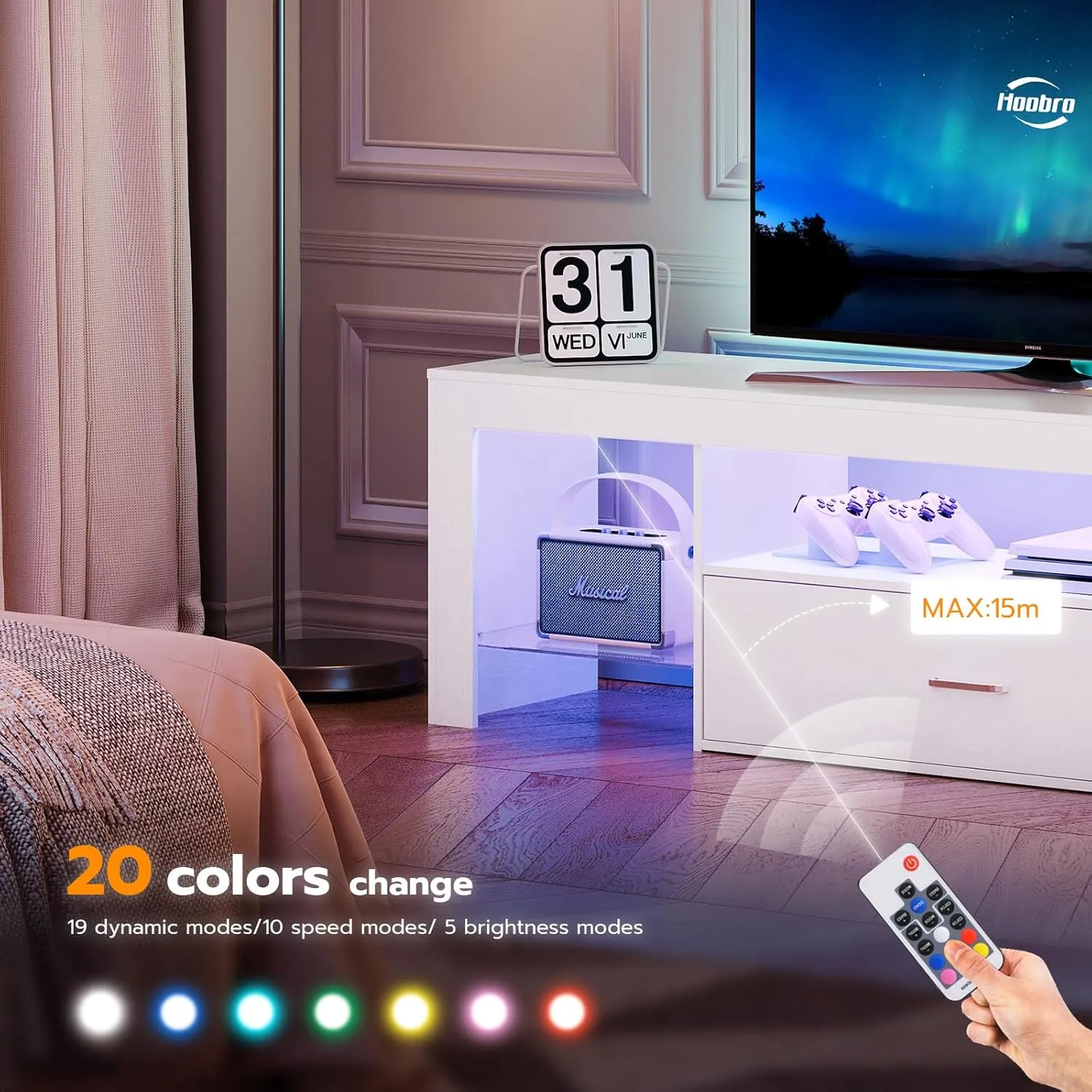 HOOBRO LED TV Stand with Power Outlets to 65 inch TV, Gaming Entertainment Center with Glass Shelves and Large Drawer, Modern Media TV Console Table for Living Room Bedroom, White WT14UDDS01