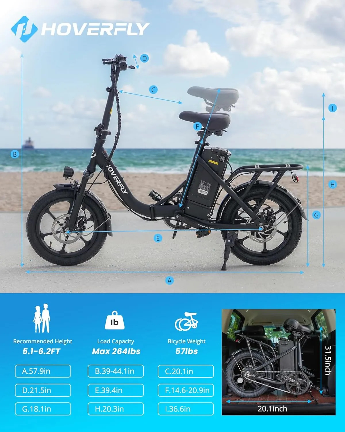 HOVERFLY H3 16" Electric Bike, Max 28Miles Range(Pedal-Assist) Folding E-Bike with Removable Battery, Front Suspension and Commuter Electric Bicycle Adults