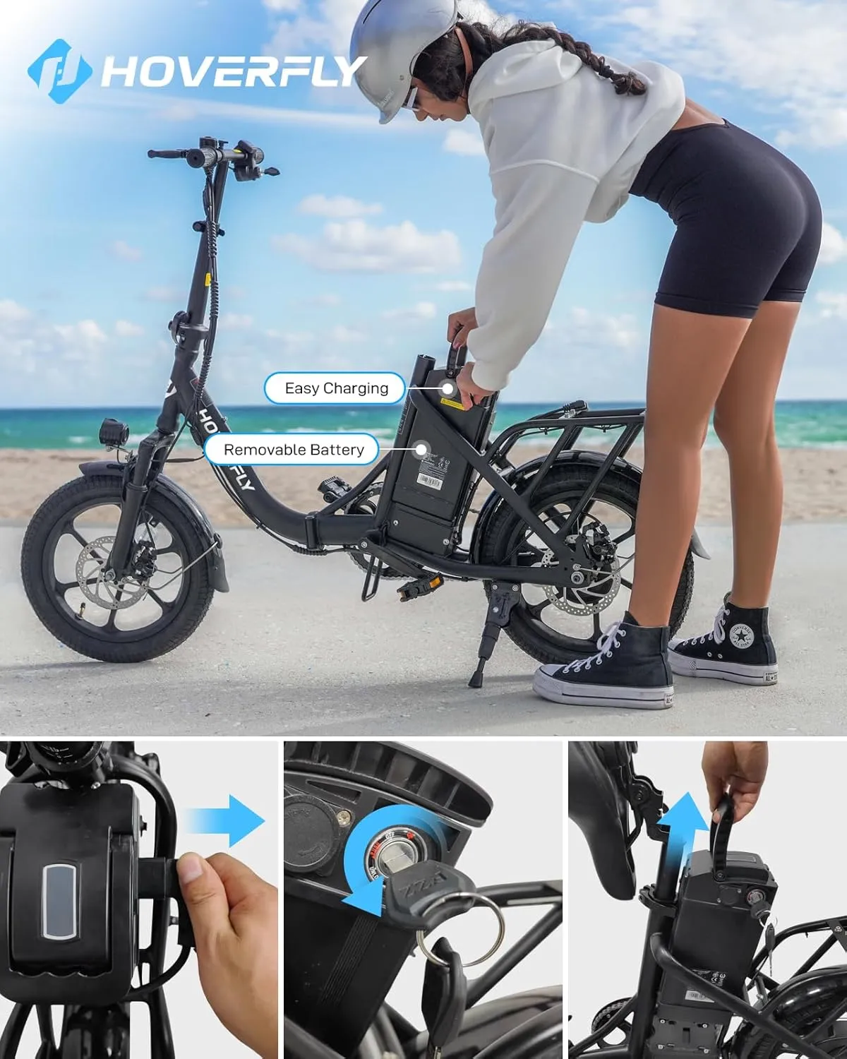 HOVERFLY H3 16" Electric Bike, Max 28Miles Range(Pedal-Assist) Folding E-Bike with Removable Battery, Front Suspension and Commuter Electric Bicycle Adults