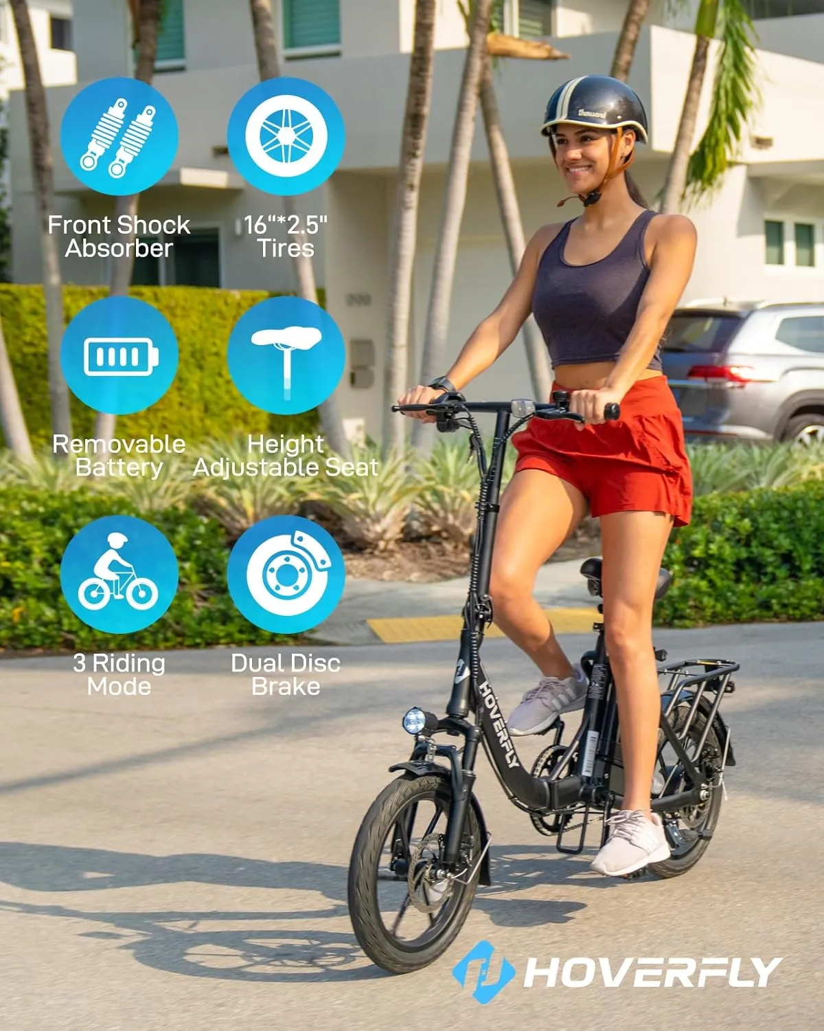 HOVERFLY H3 16" Electric Bike, Max 28Miles Range(Pedal-Assist) Folding E-Bike with Removable Battery, Front Suspension and Commuter Electric Bicycle Adults