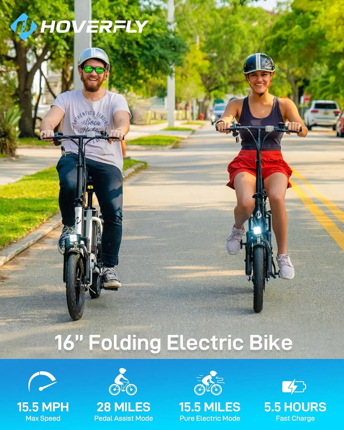 HOVERFLY H3 16" Electric Bike, Max 28Miles Range(Pedal-Assist) Folding E-Bike with Removable Battery, Front Suspension and Commuter Electric Bicycle Adults