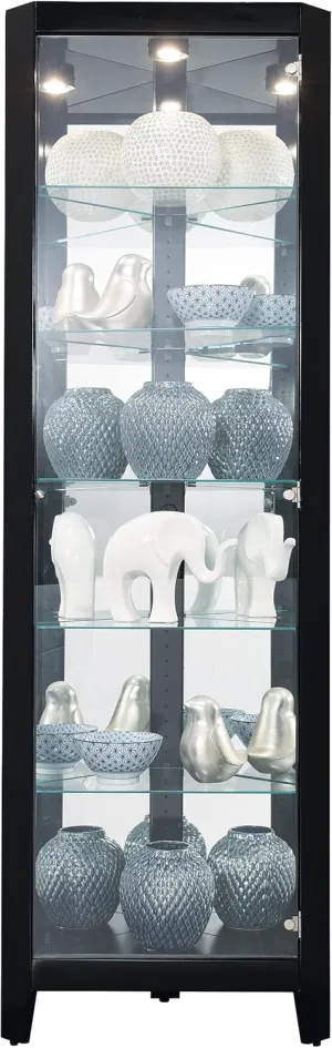 Howard Miller Tamsin III Corner Curio Cabinet – Black Finish Glass Door Display Cabinet with Adjustable Glass Shelves Mirrored Back Interior Light Designer Home Decor for Collectibles