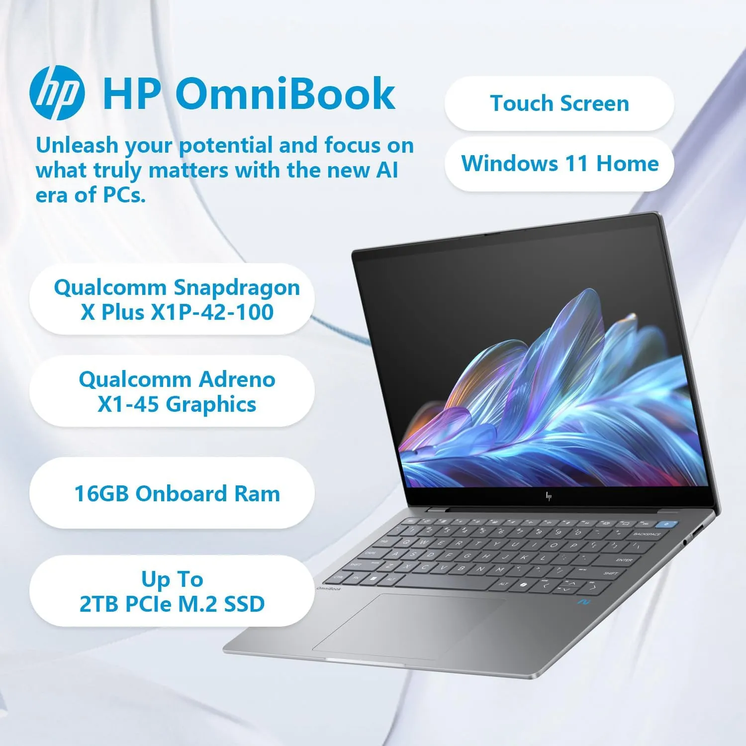HP 2025 OmniBook X Copliot Next Gen AI Business Laptop, 14" 2.2K Touchscreen, 8 core Qualcomm Snapdragon X Plus X1P-42-100, 16GB RAM, 2TB SSD, Wi-Fi 6 Win11H, Bundle with ADATA 512GB External SSD