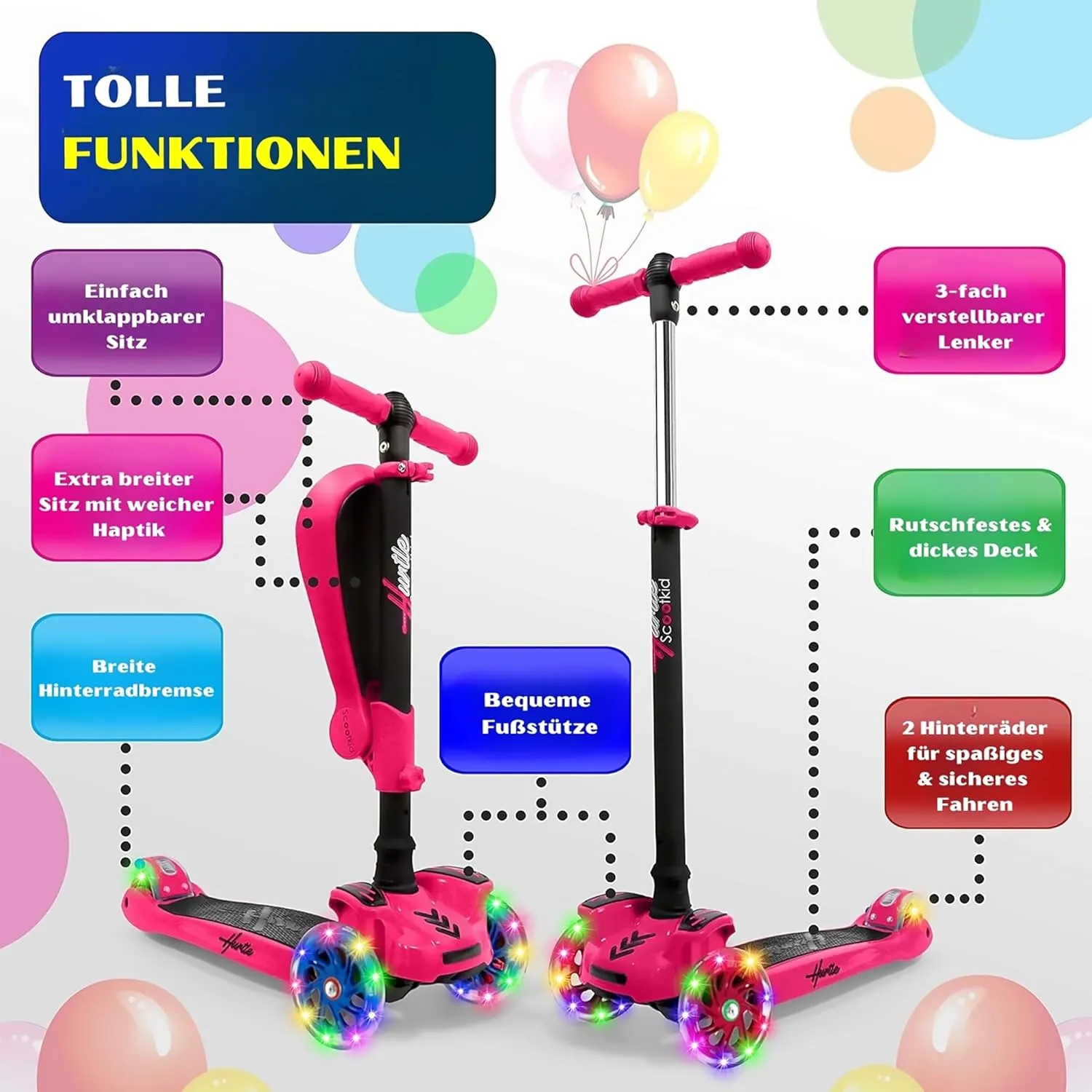 Hurtle 3-Wheeled Scooter for Kids - Wheel LED Lights, Adjustable Lean-to-Steer Handlebar, and Foldable Seat - Sit or Stand Ride with Brake for Boys and Girls Ages 1-14 Years Old