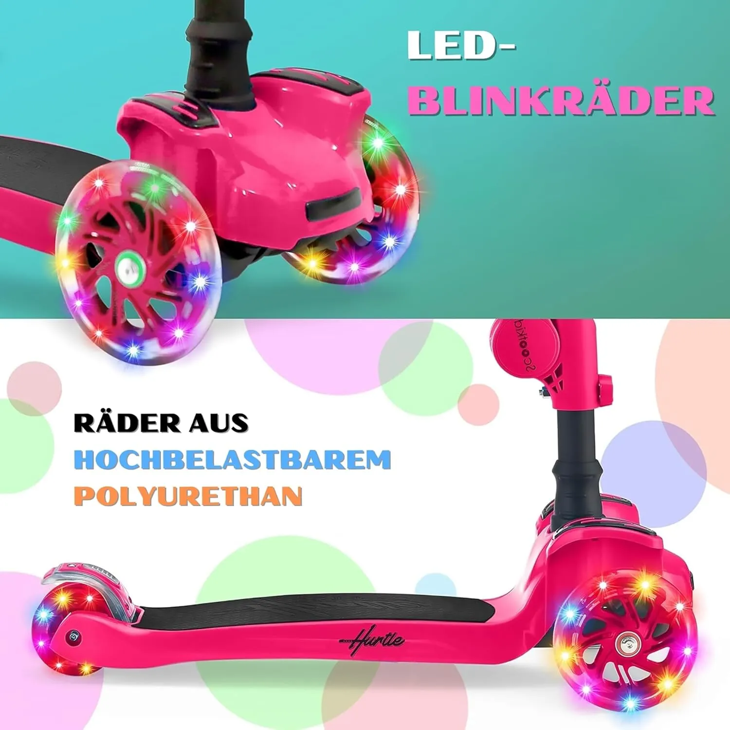 Hurtle 3-Wheeled Scooter for Kids - Wheel LED Lights, Adjustable Lean-to-Steer Handlebar, and Foldable Seat - Sit or Stand Ride with Brake for Boys and Girls Ages 1-14 Years Old