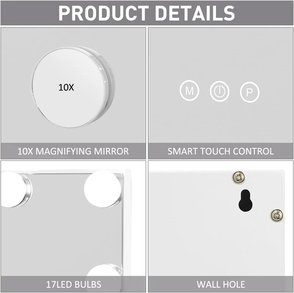 iCREAT Vanity Lighted Mirror, Hollywood Makeup Mirror with Lights,Large Vanity Mirror with Lights,17 Dimmable LED Bulbs, Touch Control,Mirror with USB Outlet, White(L23.6''×H20'')