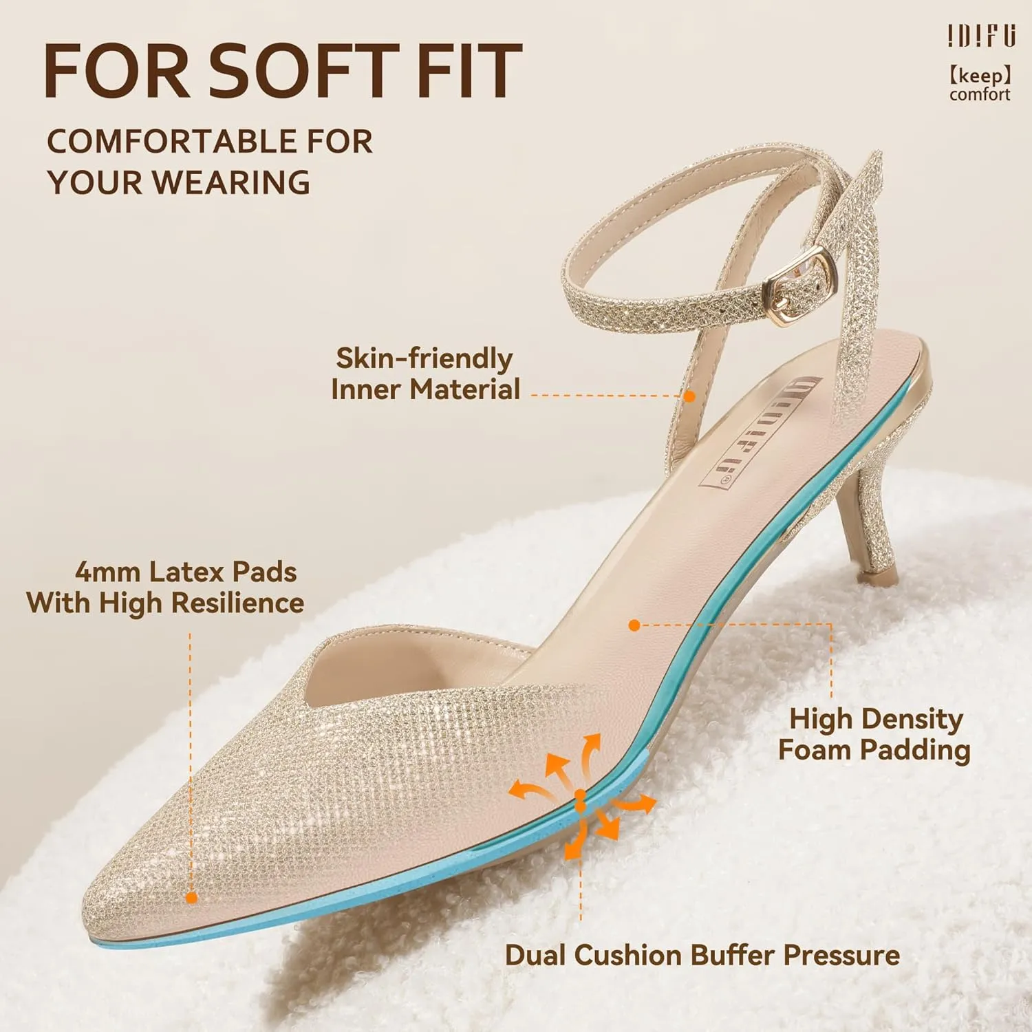 IDIFU IN2 Women's Pumps Closed Toe Kitten Heels Slingback Low Pointed Toe Short Ankle Strap Heels Wedding Bride Prom Bridal Work Dress Shoes for Women Comfortable Cute Trendy Pumps Shoes