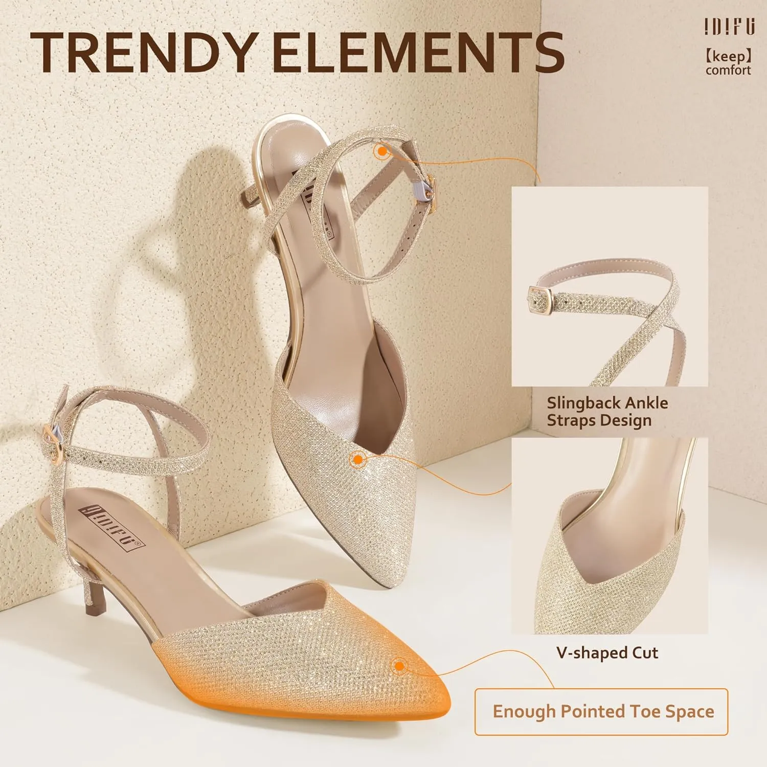 IDIFU IN2 Women's Pumps Closed Toe Kitten Heels Slingback Low Pointed Toe Short Ankle Strap Heels Wedding Bride Prom Bridal Work Dress Shoes for Women Comfortable Cute Trendy Pumps Shoes