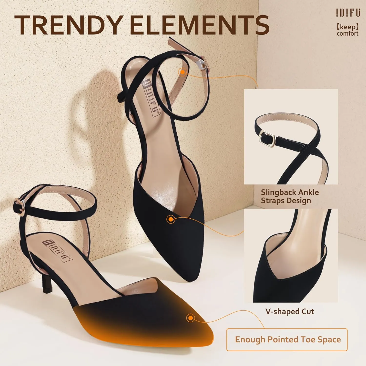 IDIFU IN2 Women's Pumps Closed Toe Kitten Heels Slingback Low Pointed Toe Short Ankle Strap Heels Wedding Bride Prom Bridal Work Dress Shoes for Women Comfortable Cute Trendy Pumps Shoes