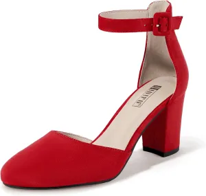 IDIFU IN3 Chunky Block Heels - Women's Pumps for Dress, Wedding, Bridal, Homecoming, Prom & Work - Comfortable Ankle Strap, Round Toe, Thick Heels