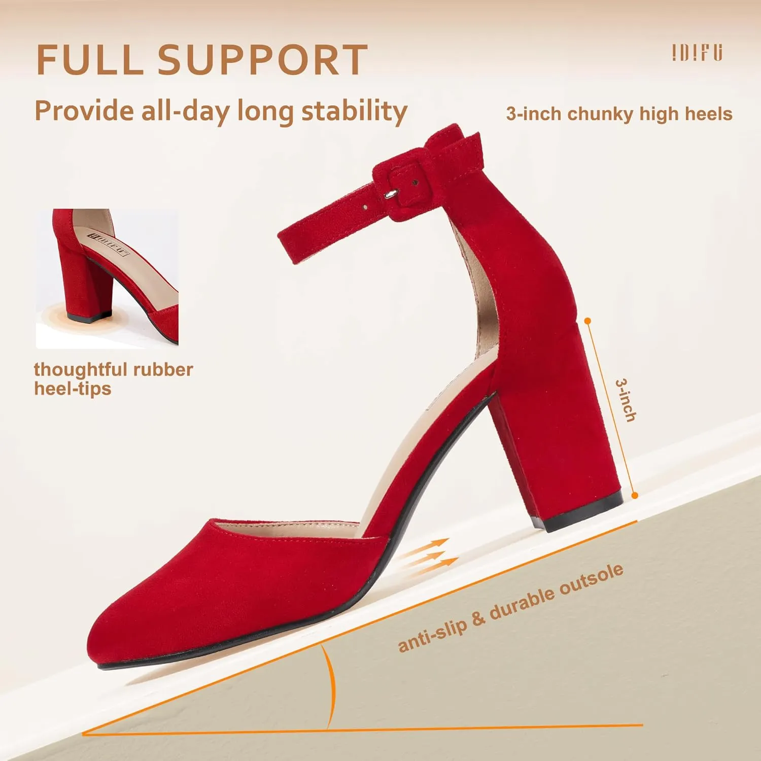 IDIFU IN3 Chunky Block Heels - Women's Pumps for Dress, Wedding, Bridal, Homecoming, Prom & Work - Comfortable Ankle Strap, Round Toe, Thick Heels