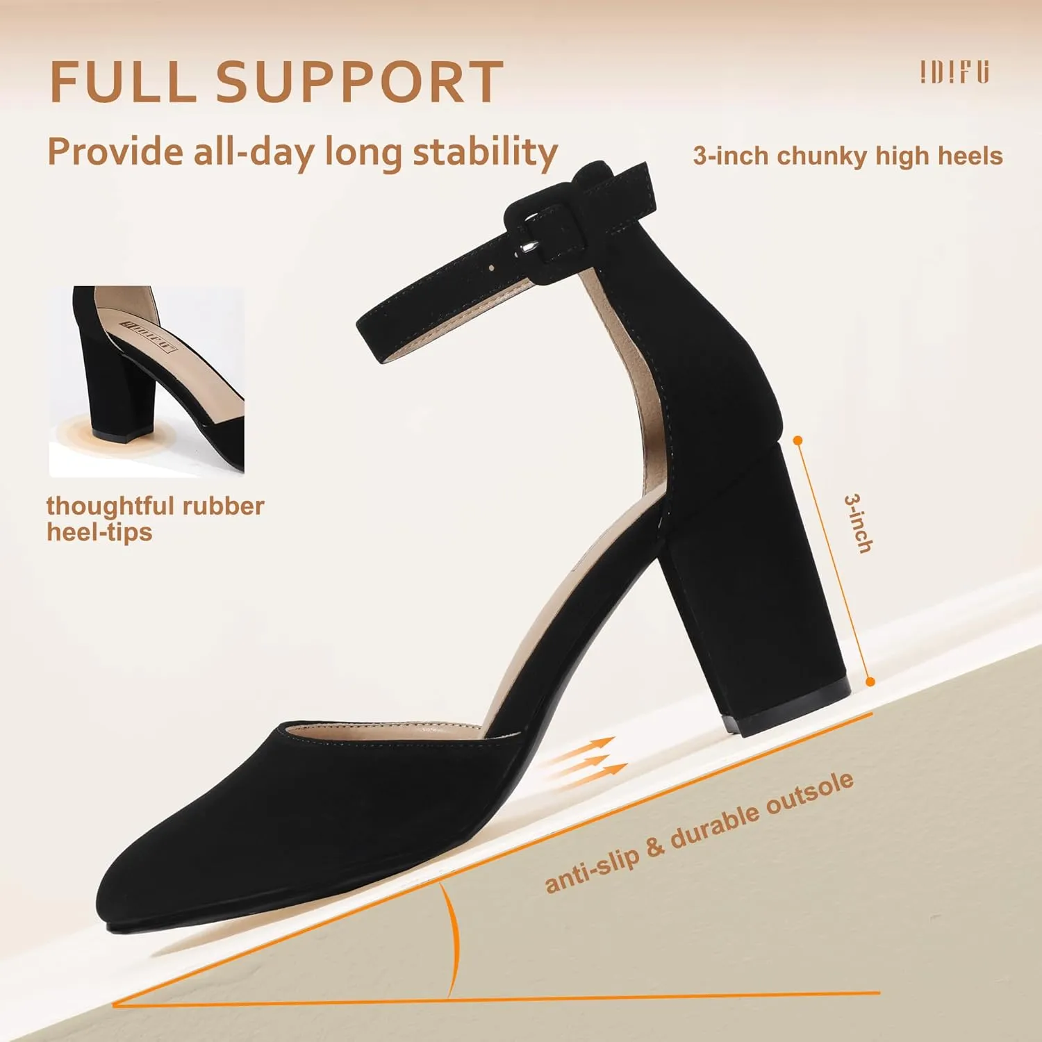 IDIFU IN3 Chunky Block Heels - Women's Pumps for Dress, Wedding, Bridal, Homecoming, Prom & Work - Comfortable Ankle Strap, Round Toe, Thick Heels