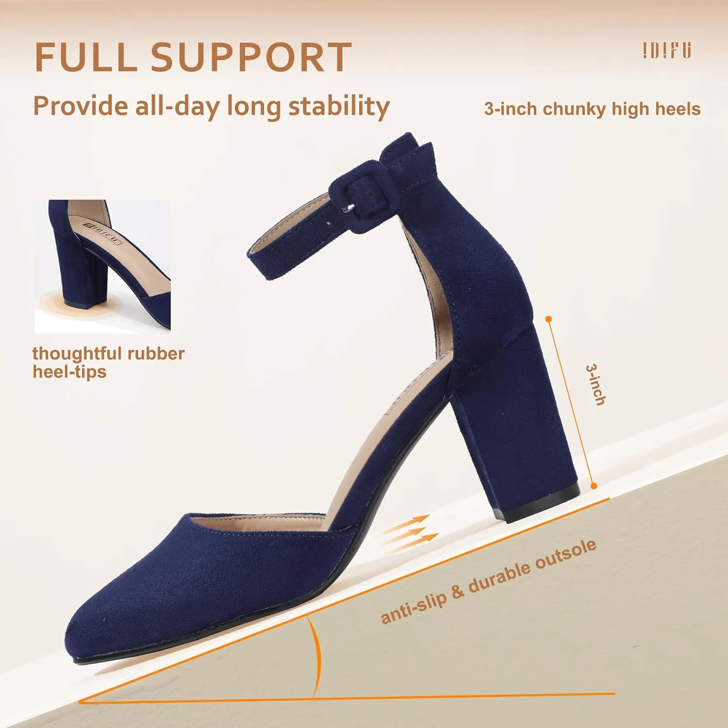 IDIFU IN3 Chunky Block Heels - Women's Pumps for Dress, Wedding, Bridal, Homecoming, Prom & Work - Comfortable Ankle Strap, Round Toe, Thick Heels