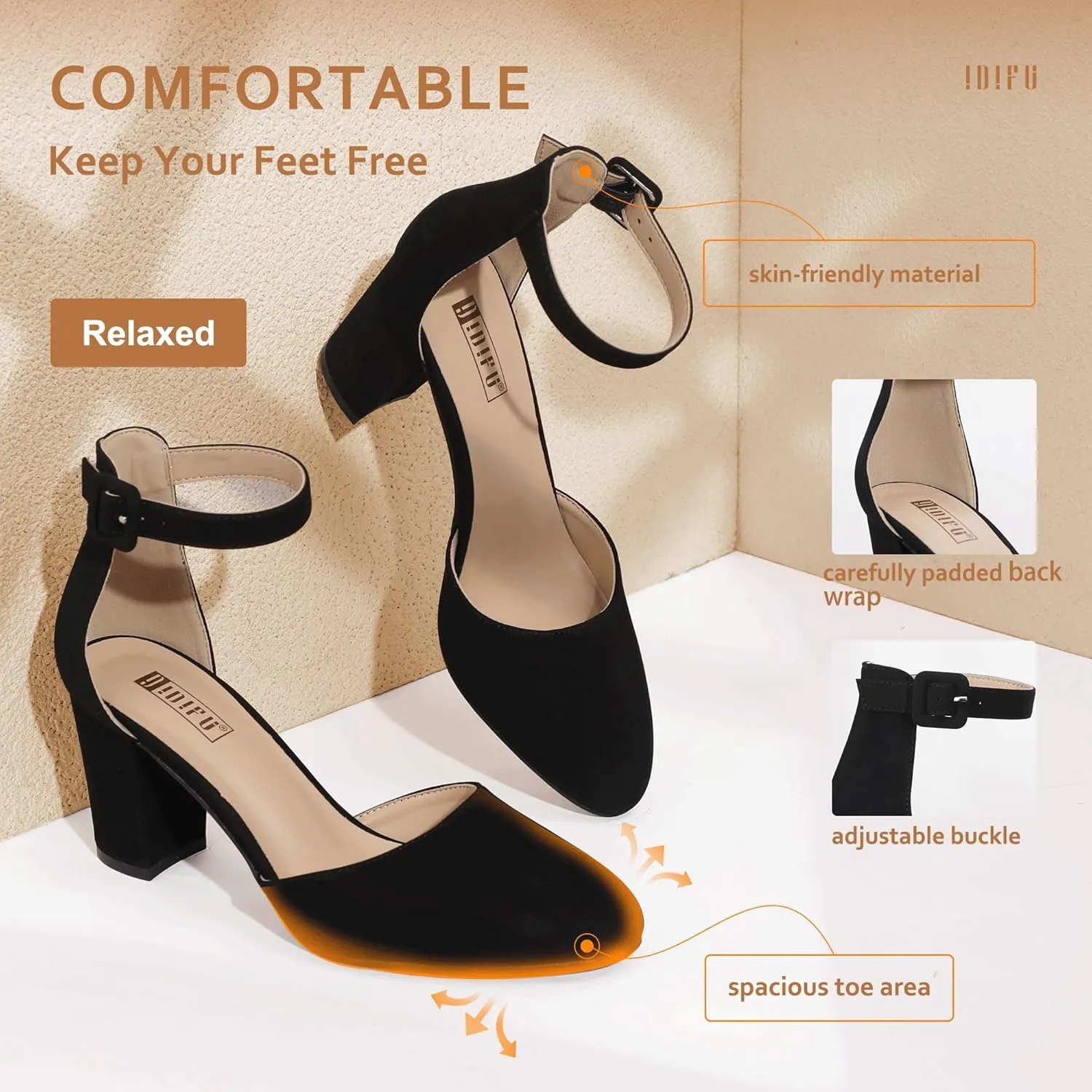 IDIFU IN3 Chunky Block Heels - Women's Pumps for Dress, Wedding, Bridal, Homecoming, Prom & Work - Comfortable Ankle Strap, Round Toe, Thick Heels