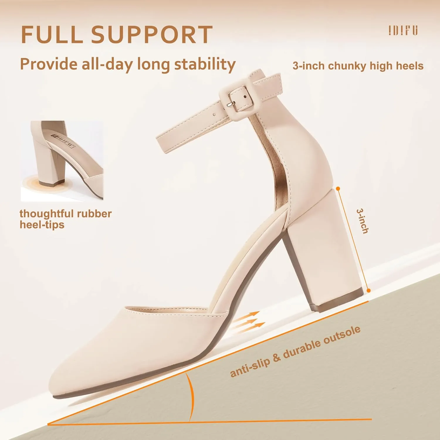 IDIFU IN3 Chunky Block Heels - Women's Pumps for Dress, Wedding, Bridal, Homecoming, Prom & Work - Comfortable Ankle Strap, Round Toe, Thick Heels