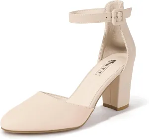 IDIFU IN3 Chunky Block Heels - Women's Pumps for Dress, Wedding, Bridal, Homecoming, Prom & Work - Comfortable Ankle Strap, Round Toe, Thick Heels