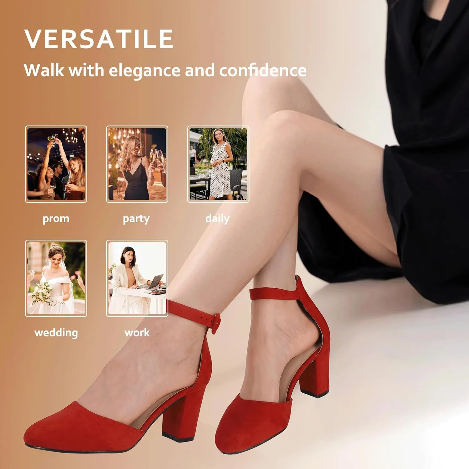 IDIFU IN3 Chunky Block Heels - Women's Pumps for Dress, Wedding, Bridal, Homecoming, Prom & Work - Comfortable Ankle Strap, Round Toe, Thick Heels