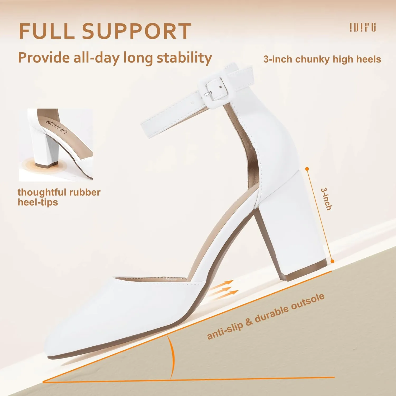 IDIFU IN3 Chunky Block Heels - Women's Pumps for Dress, Wedding, Bridal, Homecoming, Prom & Work - Comfortable Ankle Strap, Round Toe, Thick Heels