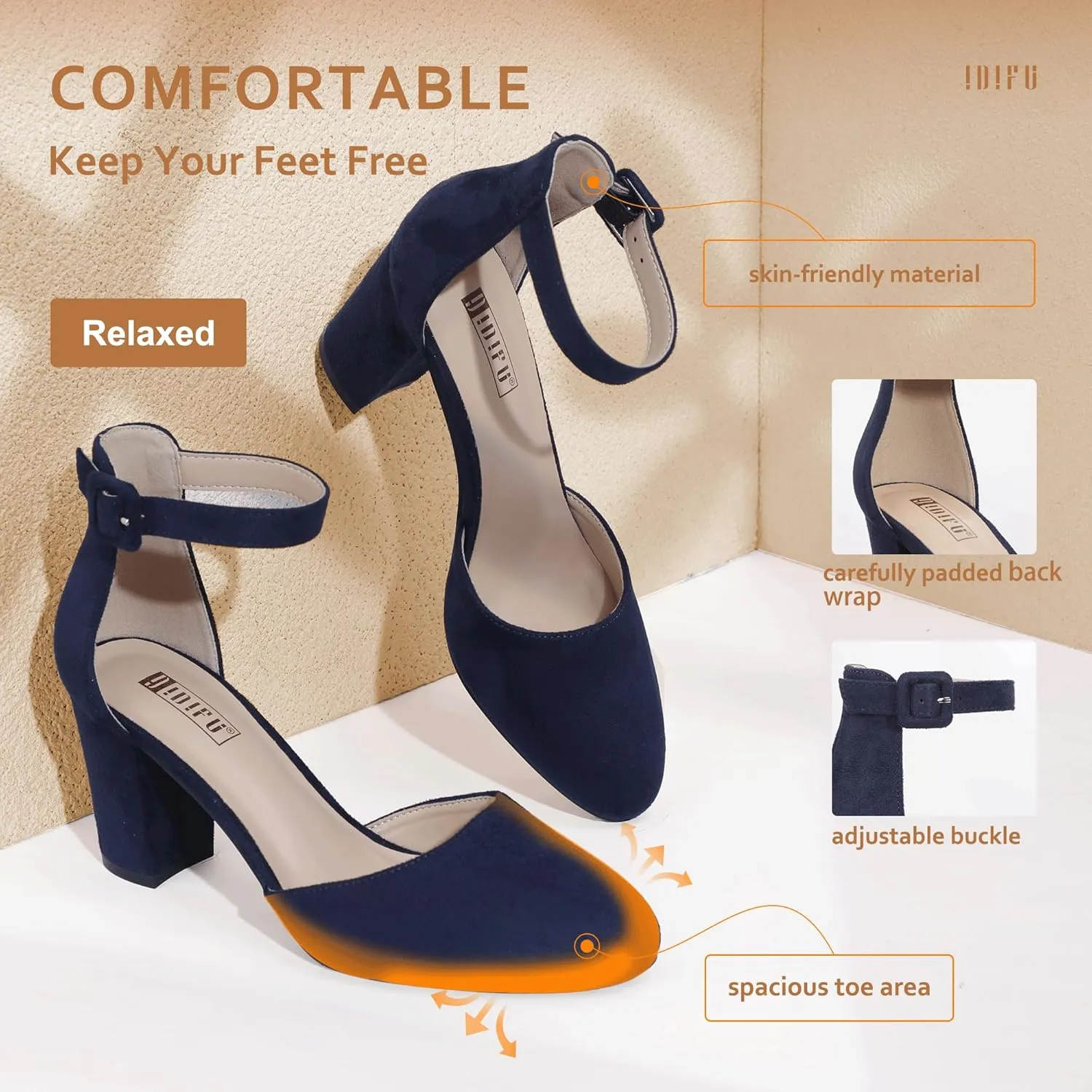 IDIFU IN3 Chunky Block Heels - Women's Pumps for Dress, Wedding, Bridal, Homecoming, Prom & Work - Comfortable Ankle Strap, Round Toe, Thick Heels
