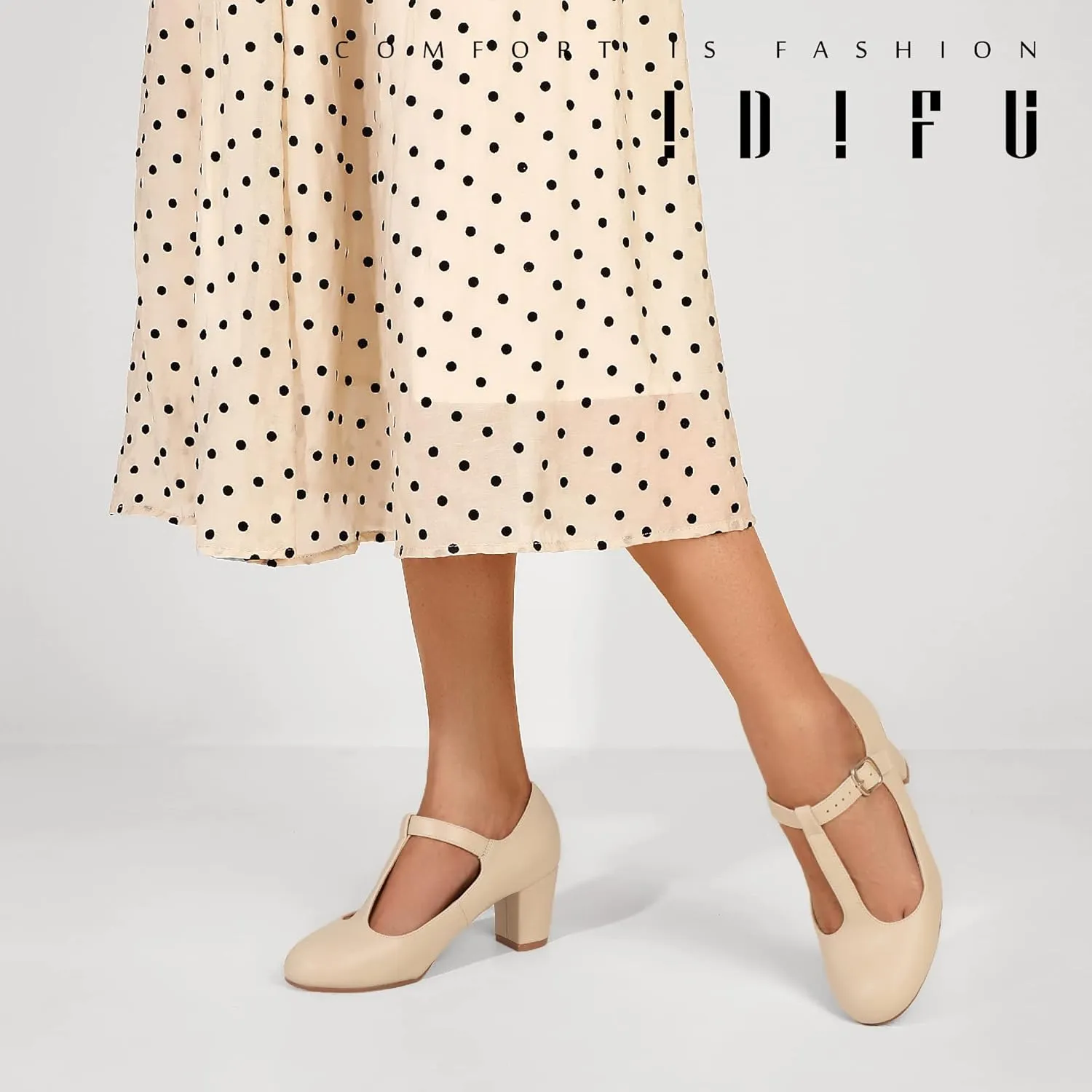 IDIFU Women's Pumps Dress Shoes for Women Mary Jane Low Chunky Closed Toe T-Strap Womens Dress Shoes Wedding Shoes for Bride Black Nude Silver Heels for Women