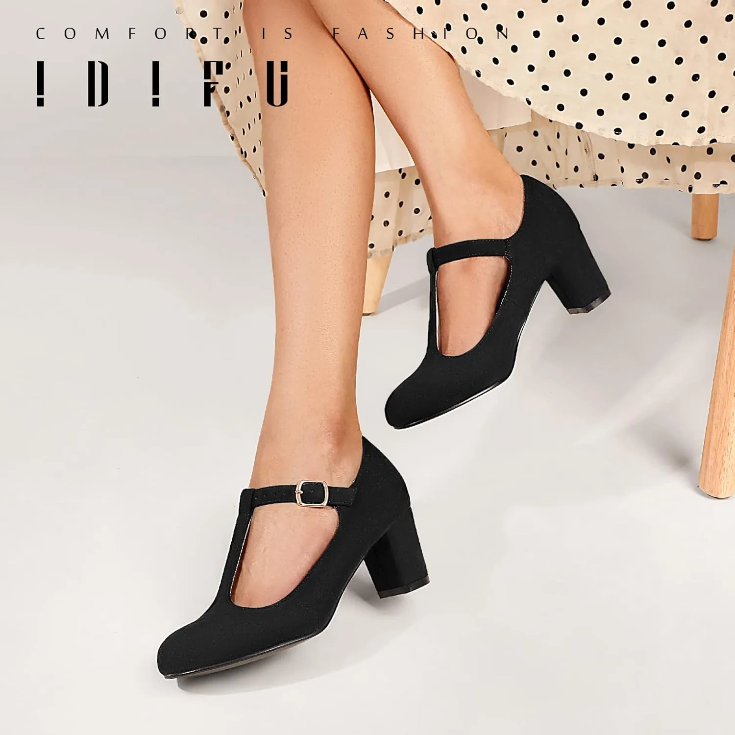 IDIFU Women's Pumps Dress Shoes for Women Mary Jane Low Chunky Closed Toe T-Strap Womens Dress Shoes Wedding Shoes for Bride Black Nude Silver Heels for Women