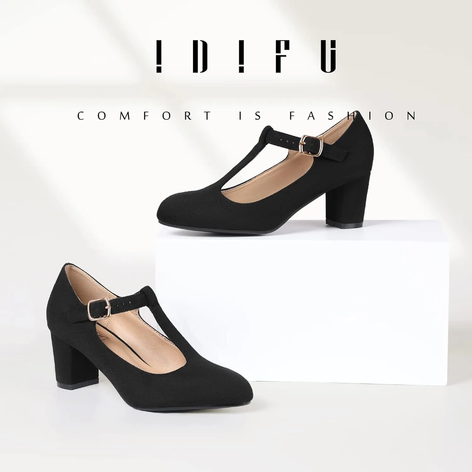 IDIFU Women's Pumps Dress Shoes for Women Mary Jane Low Chunky Closed Toe T-Strap Womens Dress Shoes Wedding Shoes for Bride Black Nude Silver Heels for Women