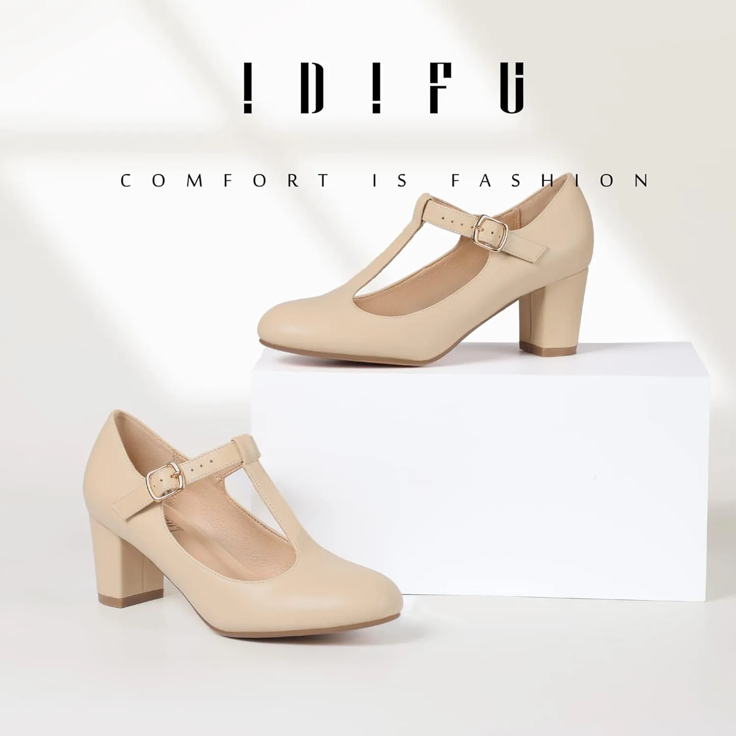 IDIFU Women's Pumps Dress Shoes for Women Mary Jane Low Chunky Closed Toe T-Strap Womens Dress Shoes Wedding Shoes for Bride Black Nude Silver Heels for Women