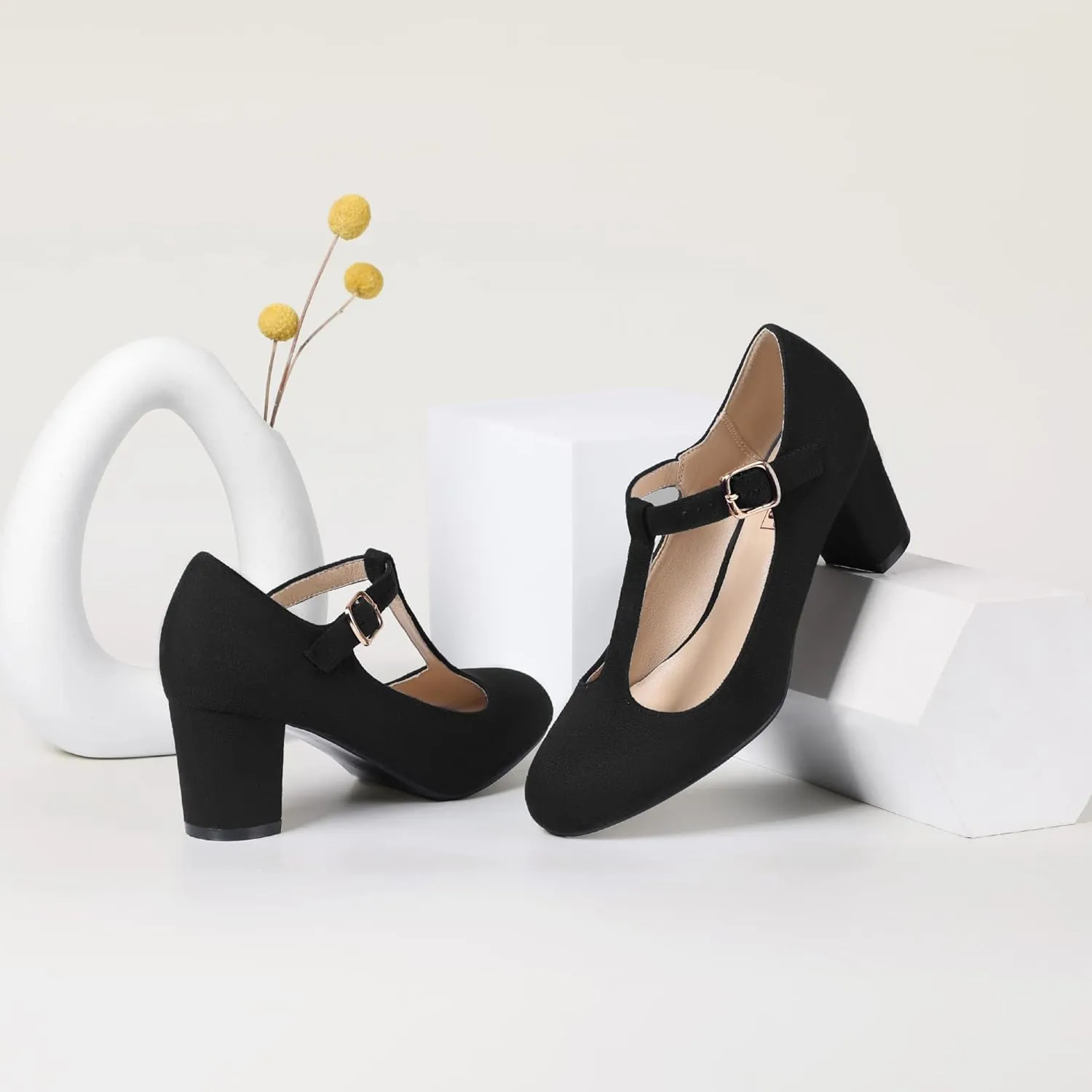 IDIFU Women's Pumps Dress Shoes for Women Mary Jane Low Chunky Closed Toe T-Strap Womens Dress Shoes Wedding Shoes for Bride Black Nude Silver Heels for Women