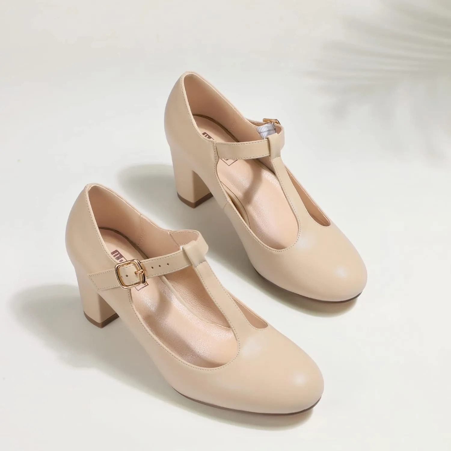 IDIFU Women's Pumps Dress Shoes for Women Mary Jane Low Chunky Closed Toe T-Strap Womens Dress Shoes Wedding Shoes for Bride Black Nude Silver Heels for Women
