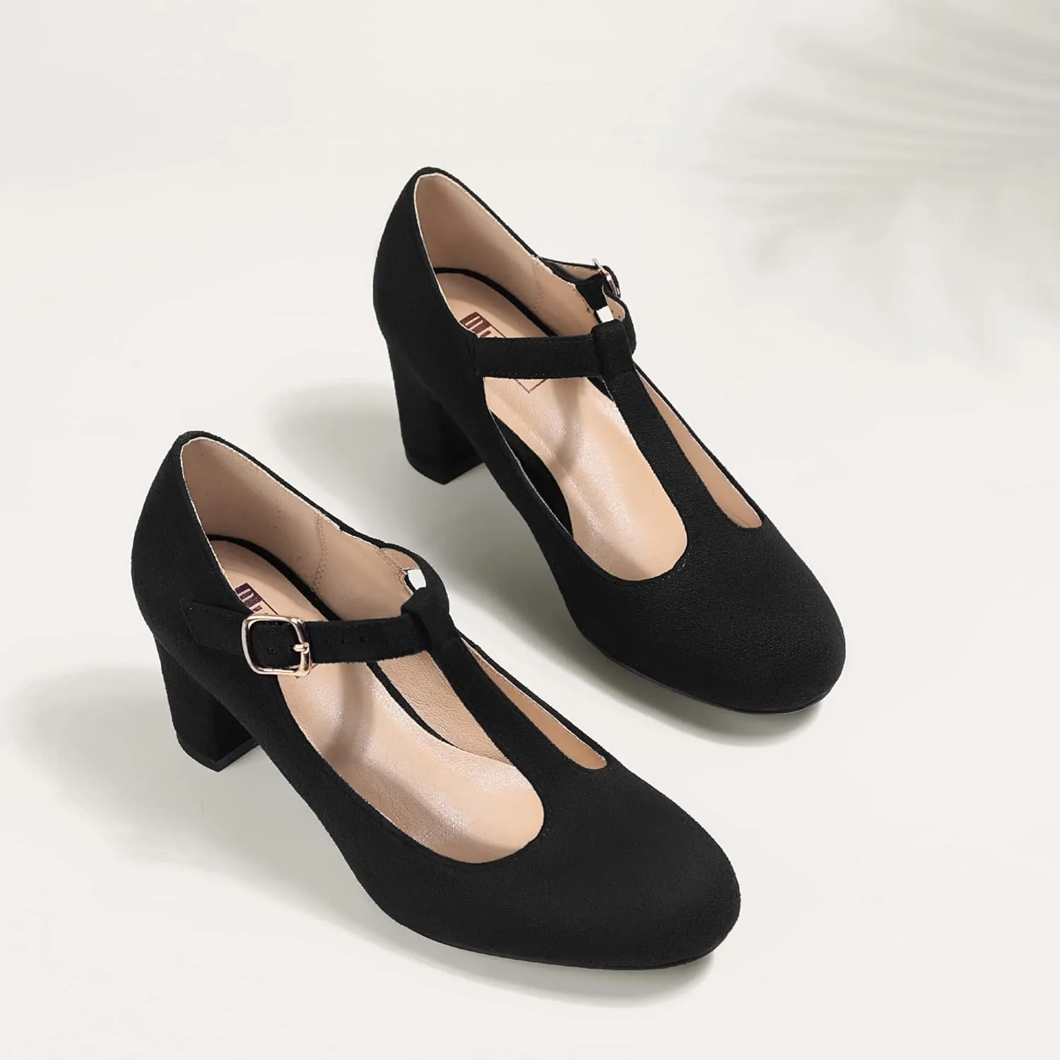 IDIFU Women's Pumps Dress Shoes for Women Mary Jane Low Chunky Closed Toe T-Strap Womens Dress Shoes Wedding Shoes for Bride Black Nude Silver Heels for Women