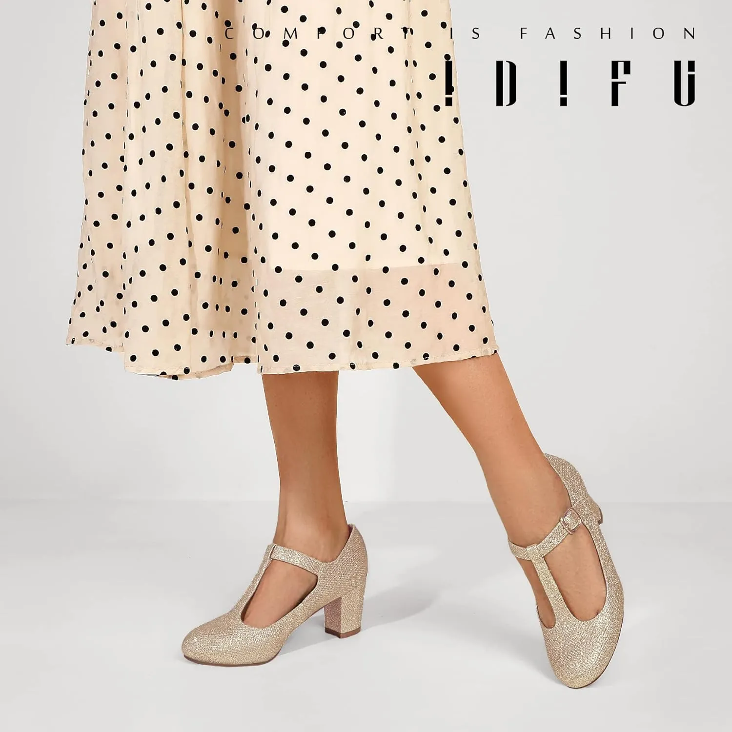 IDIFU Women's Pumps Dress Shoes for Women Mary Jane Low Chunky Closed Toe T-Strap Womens Dress Shoes Wedding Shoes for Bride Black Nude Silver Heels for Women