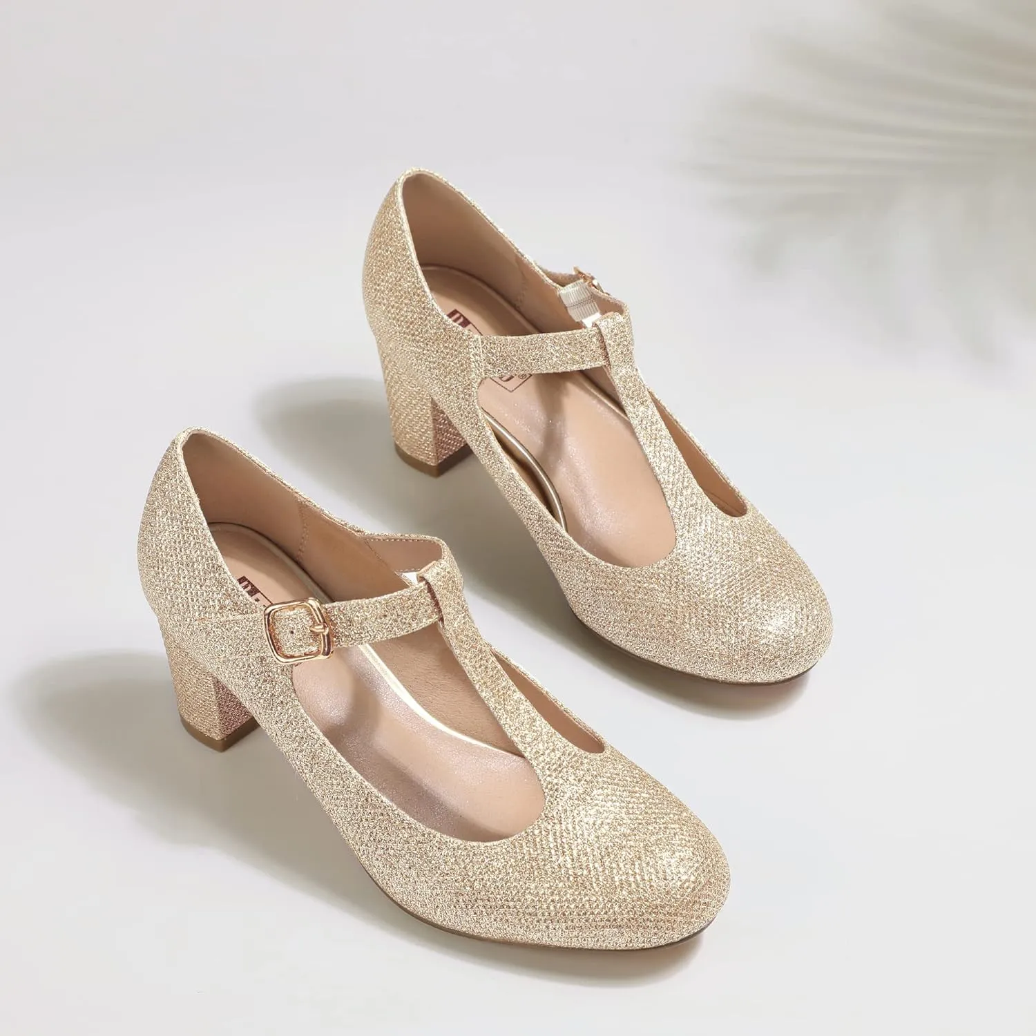 IDIFU Women's Pumps Dress Shoes for Women Mary Jane Low Chunky Closed Toe T-Strap Womens Dress Shoes Wedding Shoes for Bride Black Nude Silver Heels for Women
