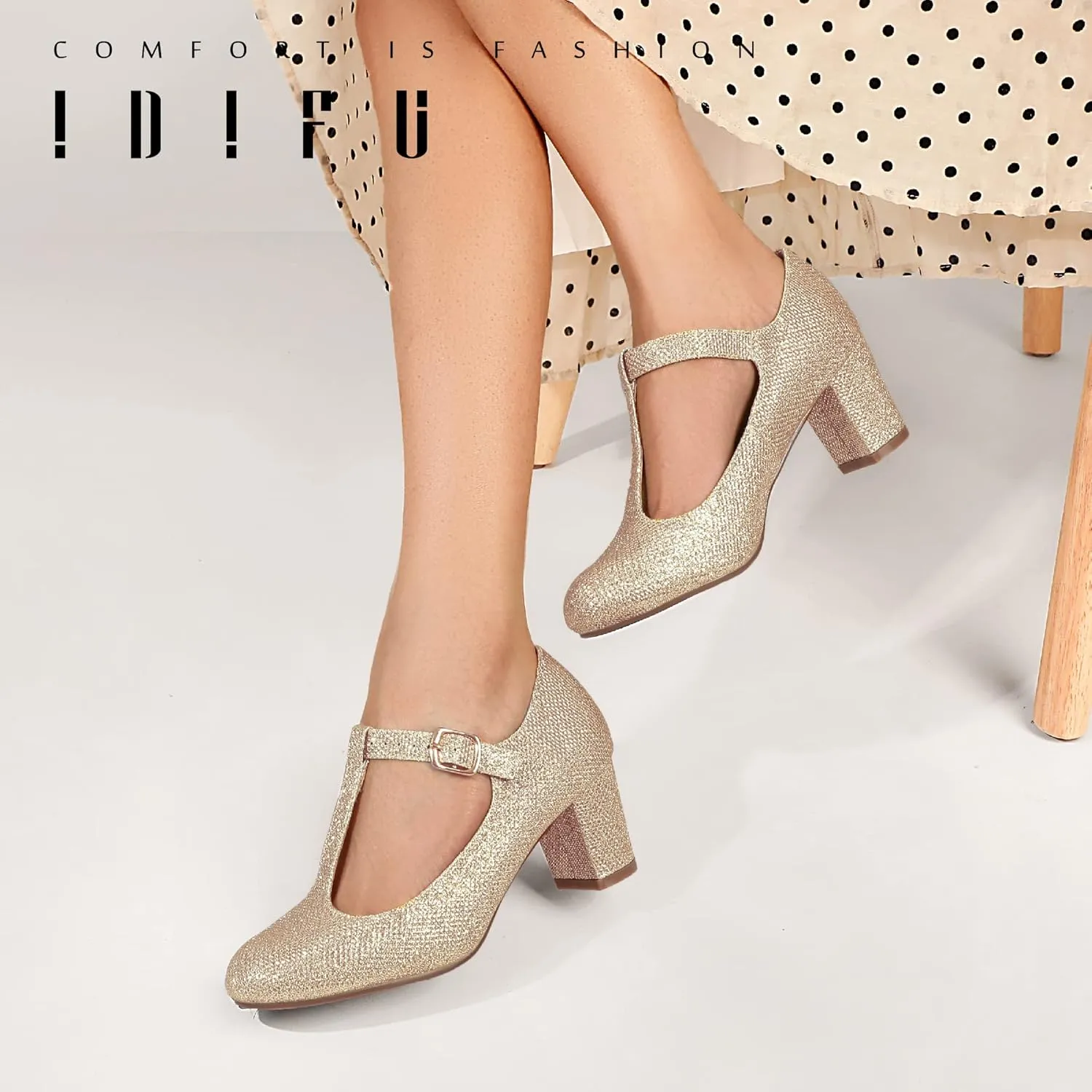 IDIFU Women's Pumps Dress Shoes for Women Mary Jane Low Chunky Closed Toe T-Strap Womens Dress Shoes Wedding Shoes for Bride Black Nude Silver Heels for Women