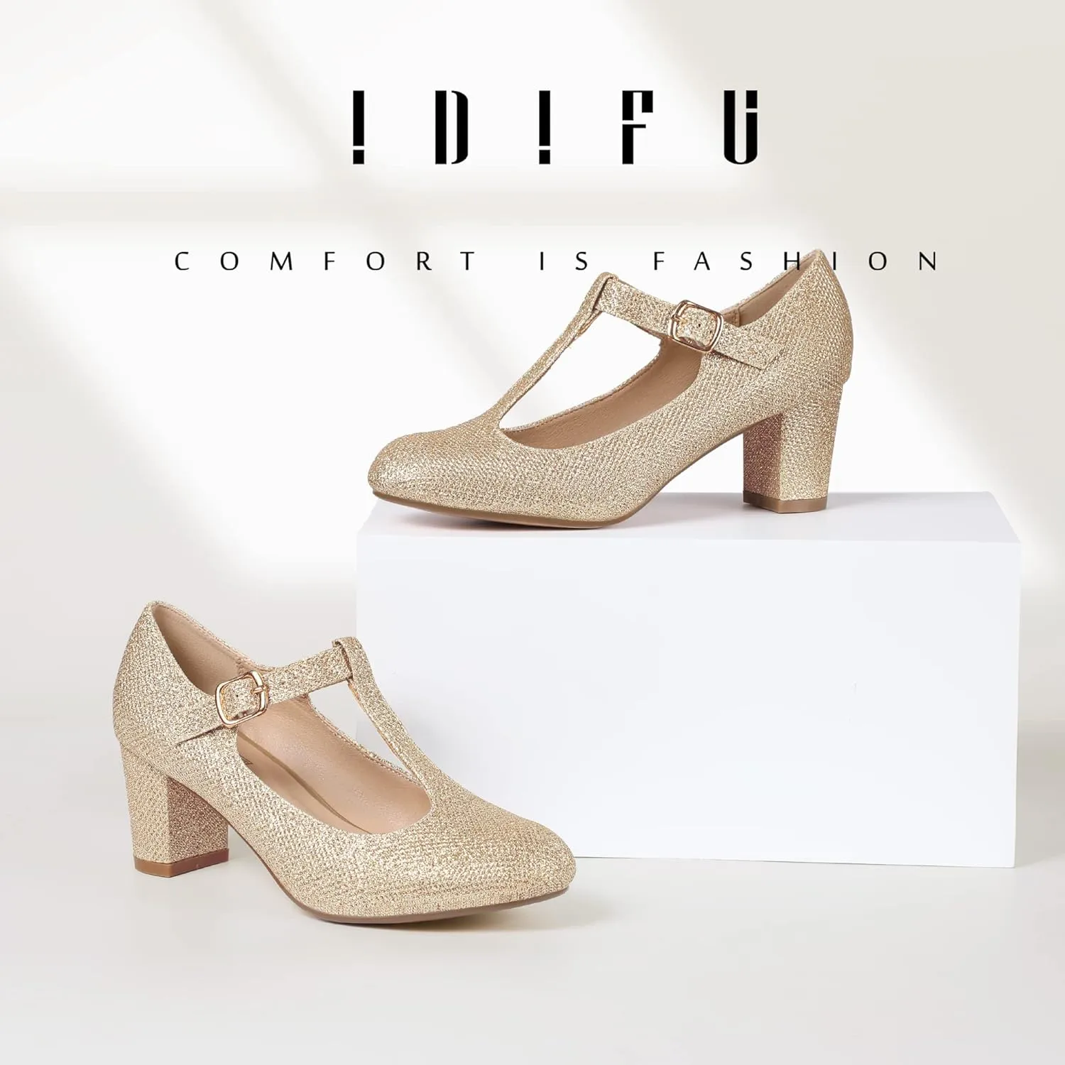 IDIFU Women's Pumps Dress Shoes for Women Mary Jane Low Chunky Closed Toe T-Strap Womens Dress Shoes Wedding Shoes for Bride Black Nude Silver Heels for Women