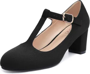 IDIFU Women's Pumps Dress Shoes for Women Mary Jane Low Chunky Closed Toe T-Strap Womens Dress Shoes Wedding Shoes for Bride Black Nude Silver Heels for Women