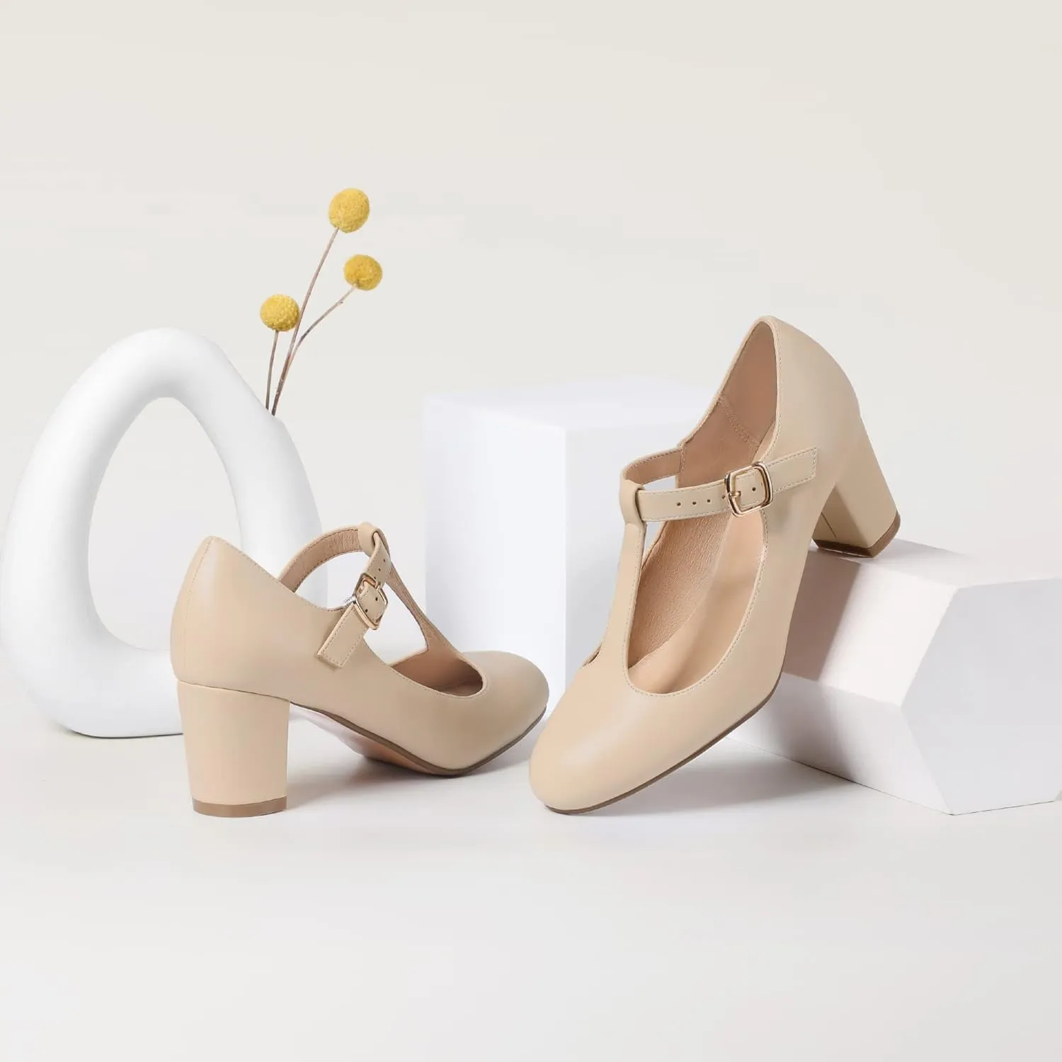 IDIFU Women's Pumps Dress Shoes for Women Mary Jane Low Chunky Closed Toe T-Strap Womens Dress Shoes Wedding Shoes for Bride Black Nude Silver Heels for Women