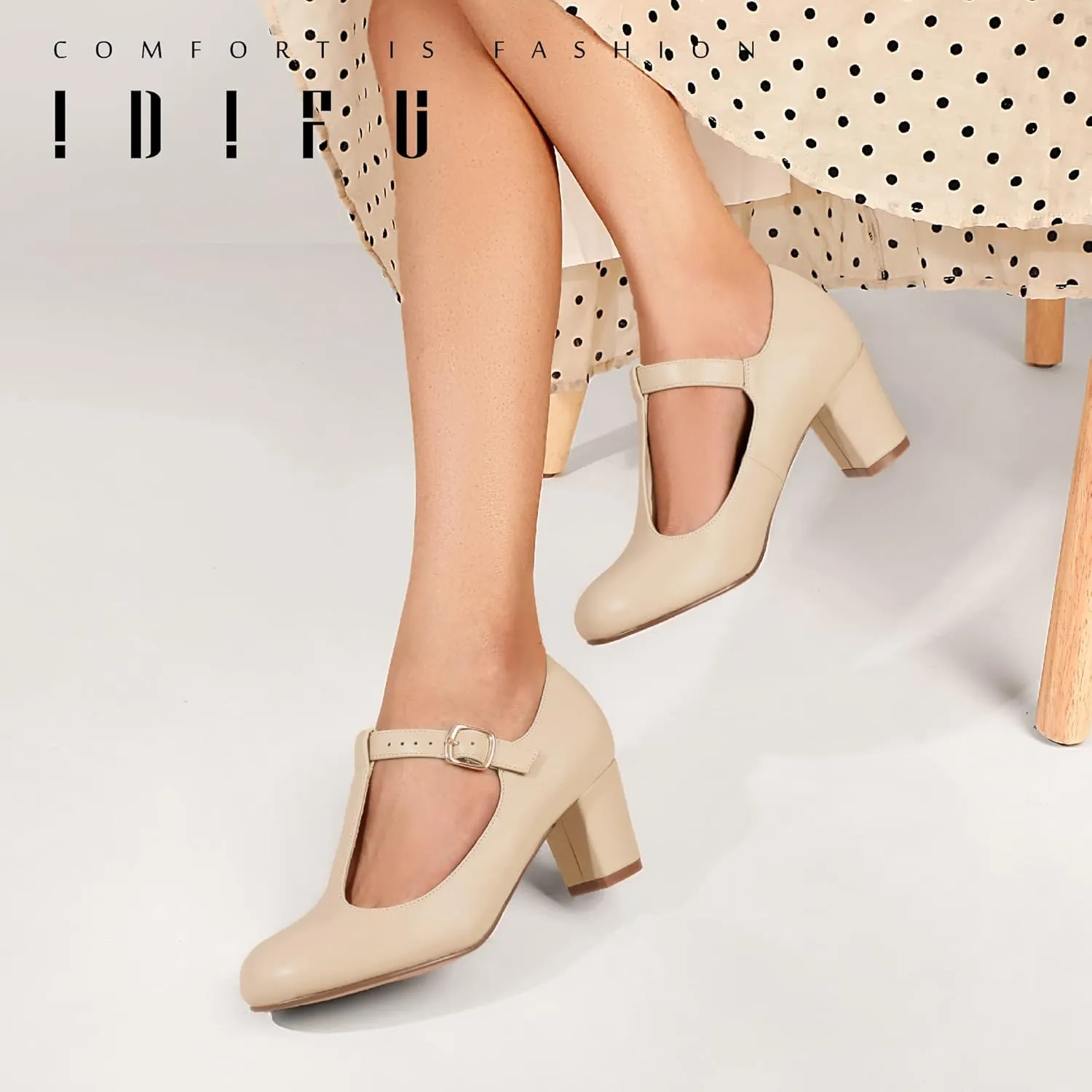 IDIFU Women's Pumps Dress Shoes for Women Mary Jane Low Chunky Closed Toe T-Strap Womens Dress Shoes Wedding Shoes for Bride Black Nude Silver Heels for Women