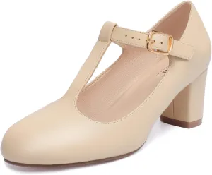 IDIFU Women's Pumps Dress Shoes for Women Mary Jane Low Chunky Closed Toe T-Strap Womens Dress Shoes Wedding Shoes for Bride Black Nude Silver Heels for Women