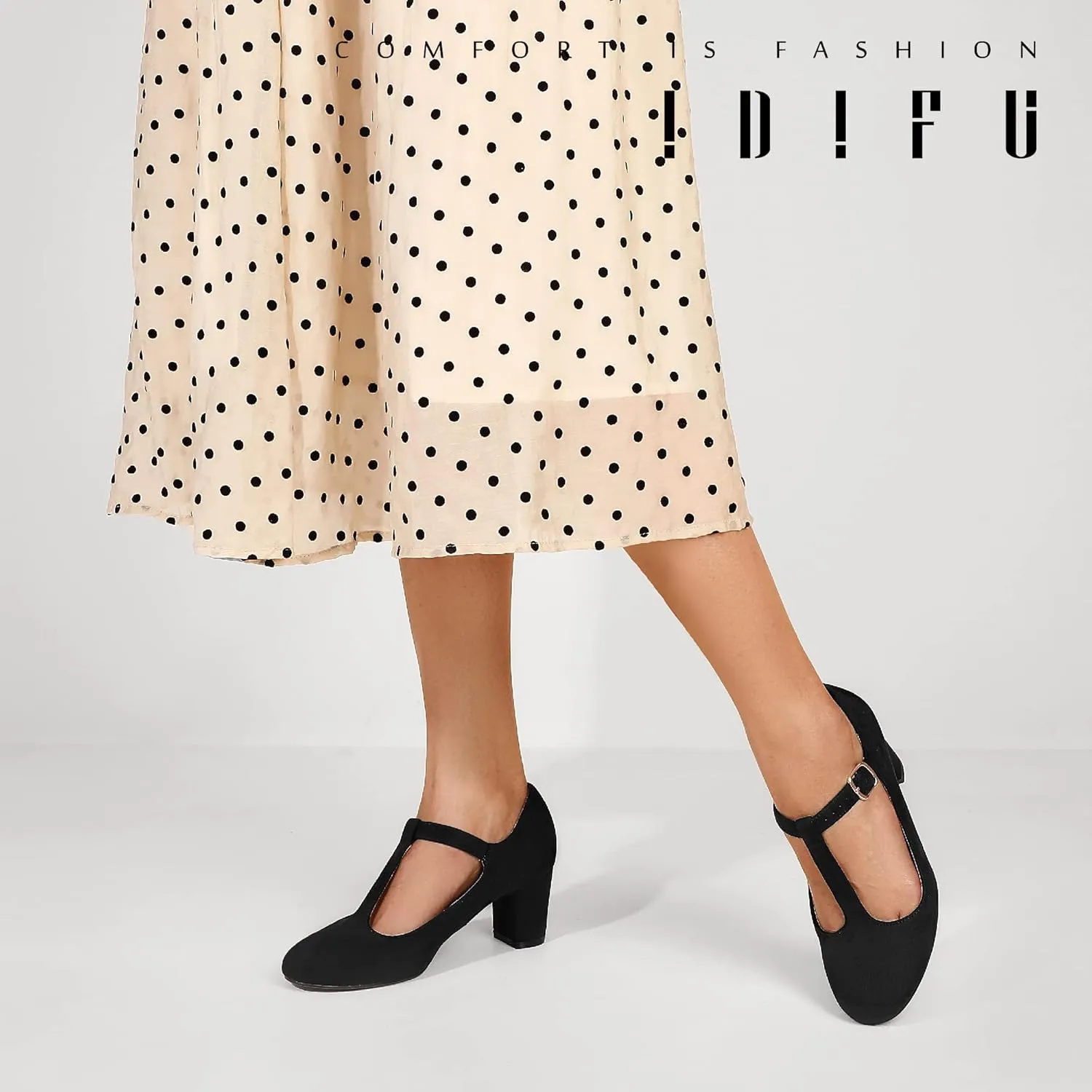 IDIFU Women's Pumps Dress Shoes for Women Mary Jane Low Chunky Closed Toe T-Strap Womens Dress Shoes Wedding Shoes for Bride Black Nude Silver Heels for Women