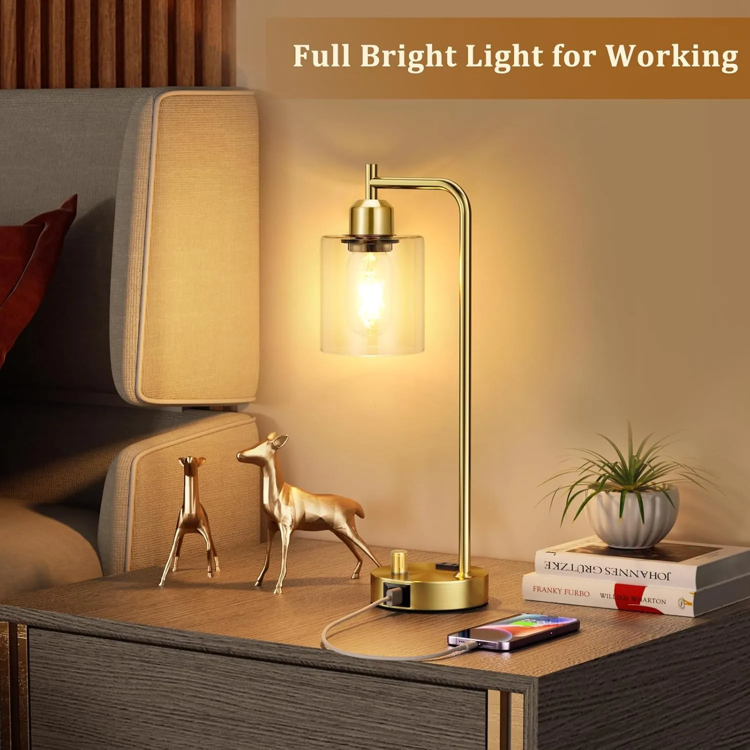 Innqoo Gold Table Lamp for Bedroom - Industrial Bedside Lamp with USB Port and Outlet, Fully Dimmable Nightstand Lamp with Clear Glass Shade, Small Desk Lamps for Home Office