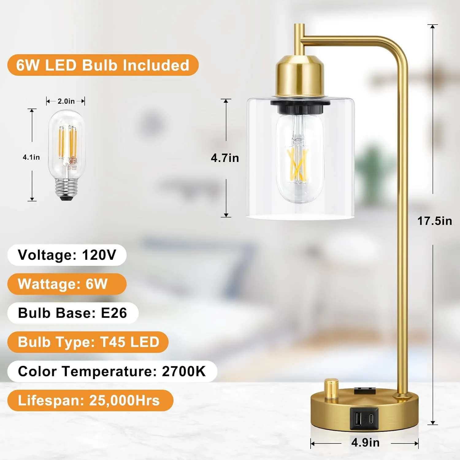 Innqoo Gold Table Lamp for Bedroom - Industrial Bedside Lamp with USB Port and Outlet, Fully Dimmable Nightstand Lamp with Clear Glass Shade, Small Desk Lamps for Home Office