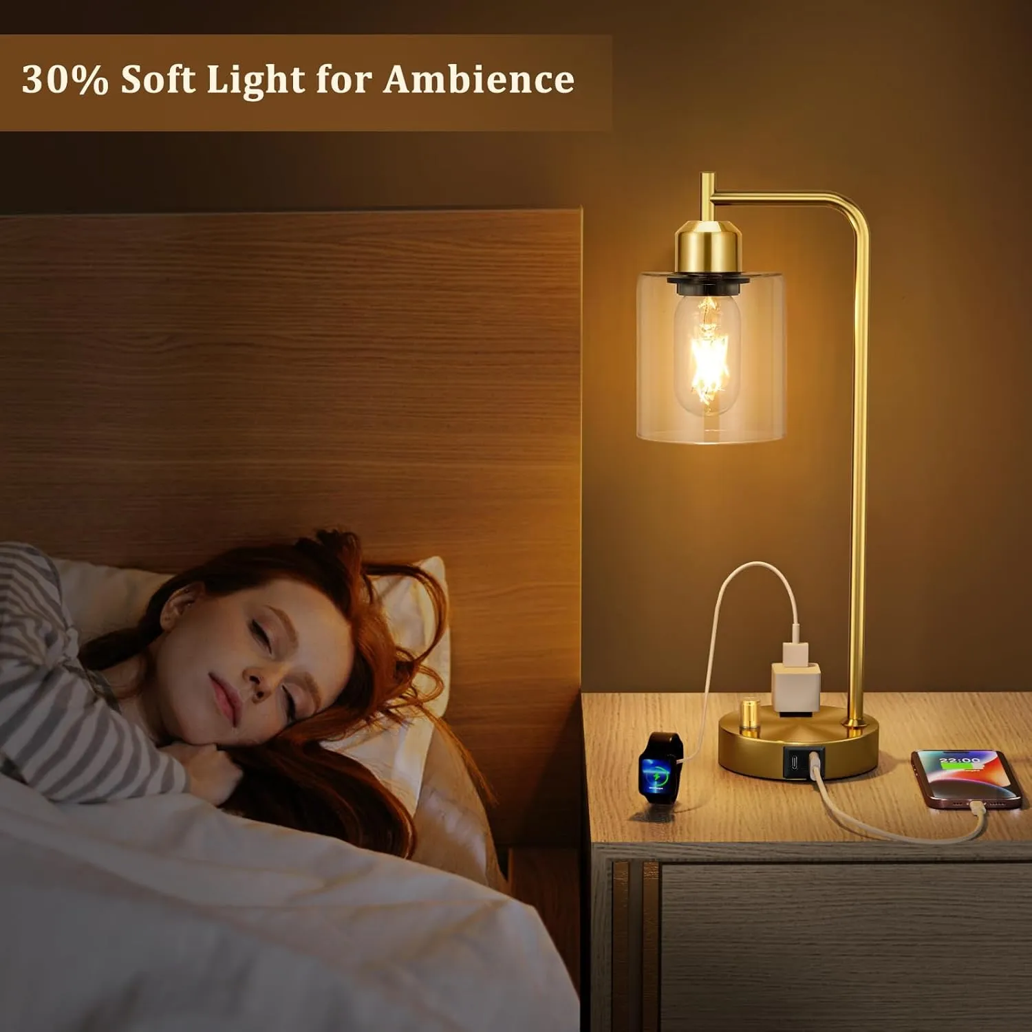 Innqoo Gold Table Lamp for Bedroom - Industrial Bedside Lamp with USB Port and Outlet, Fully Dimmable Nightstand Lamp with Clear Glass Shade, Small Desk Lamps for Home Office