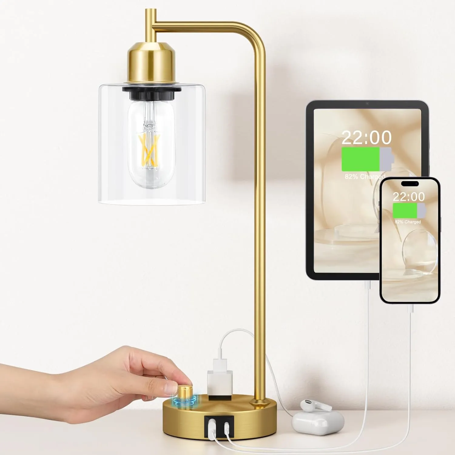 Innqoo Gold Table Lamp for Bedroom - Industrial Bedside Lamp with USB Port and Outlet, Fully Dimmable Nightstand Lamp with Clear Glass Shade, Small Desk Lamps for Home Office