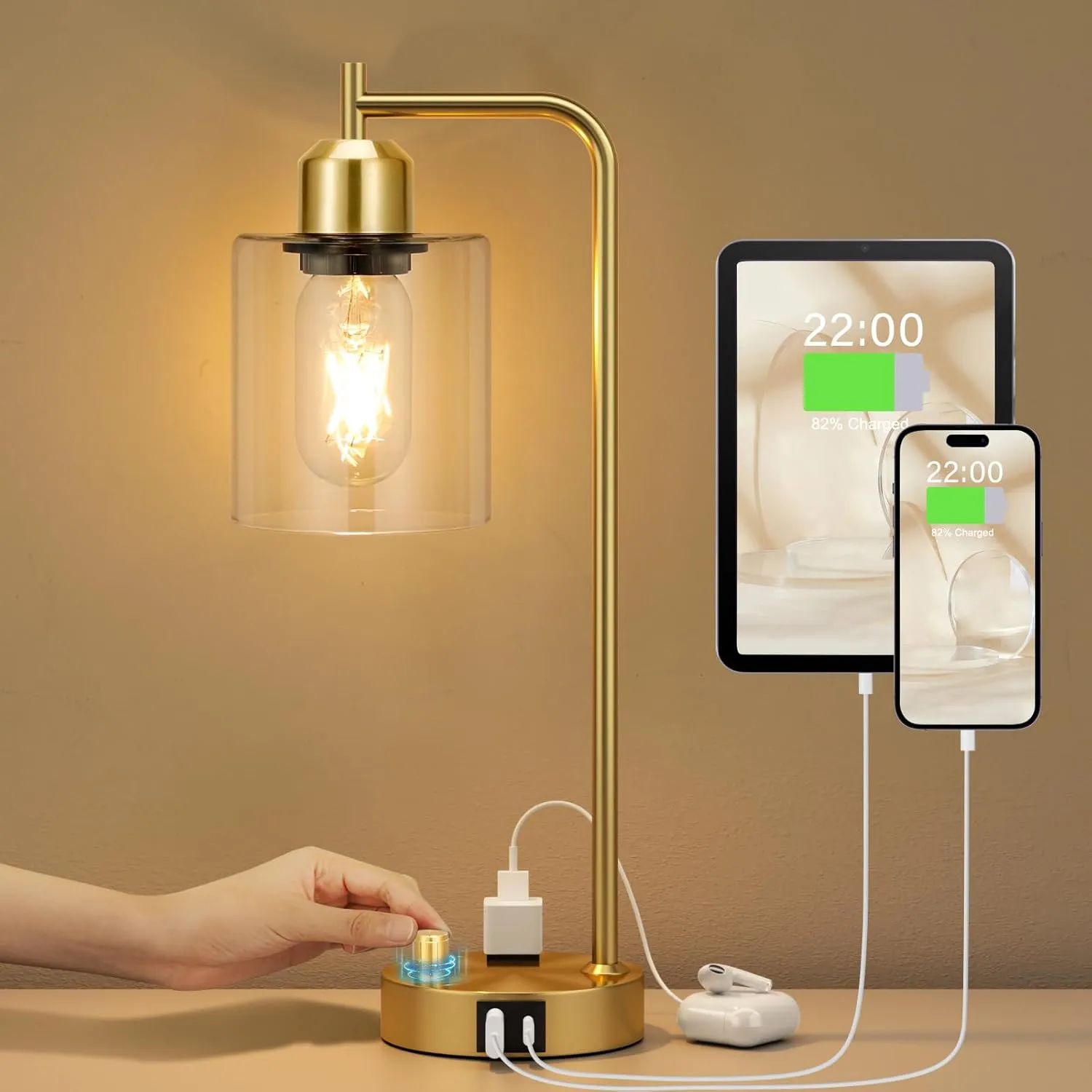 Innqoo Gold Table Lamp for Bedroom - Industrial Bedside Lamp with USB Port and Outlet, Fully Dimmable Nightstand Lamp with Clear Glass Shade, Small Desk Lamps for Home Office