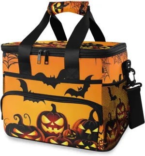 Insulated Cooler Bag 24 Cans Large Capacity Lunch Box-Glowing Pumpkins Bats Print Leak Proof with Shoulder Strap for Camping Picnic
