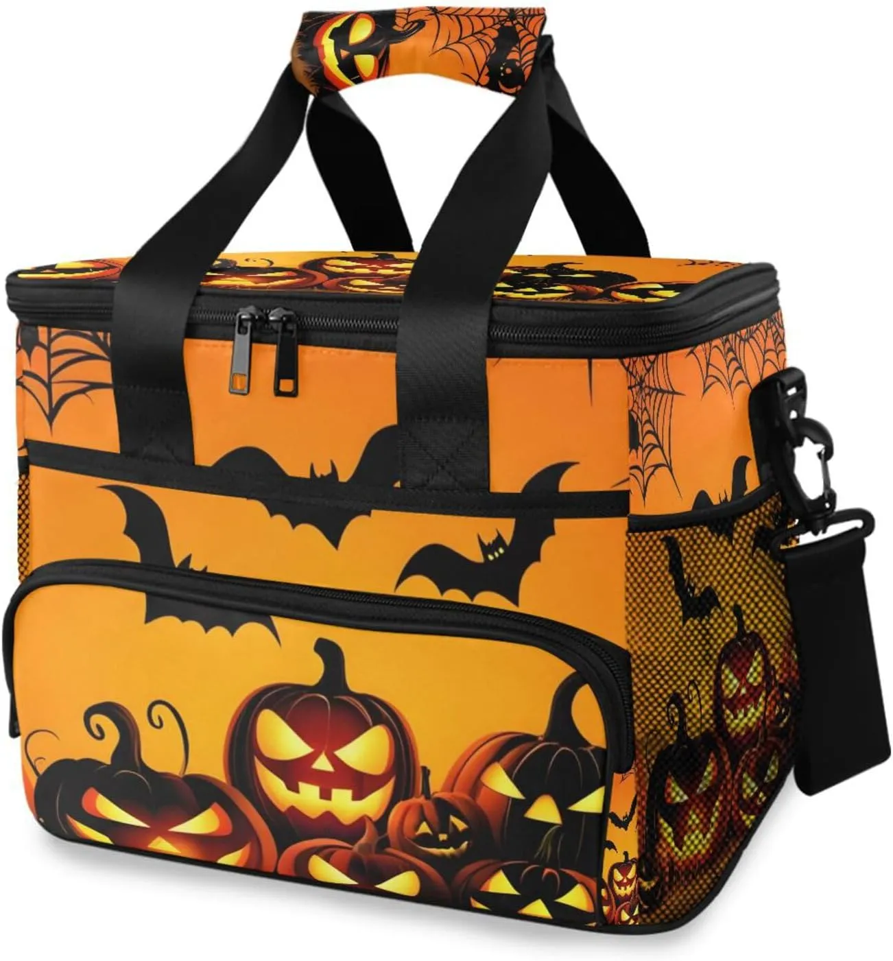 Insulated Cooler Bag 24 Cans Large Capacity Lunch Box-Glowing Pumpkins Bats Print Leak Proof with Shoulder Strap for Camping Picnic