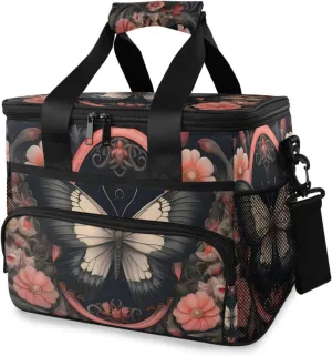 Insulated Cooler Bag 24 Cans Large Capacity Lunch Box-Gothic Butterfly Flower Print Leak Proof with Shoulder Strap for Camping Picnic