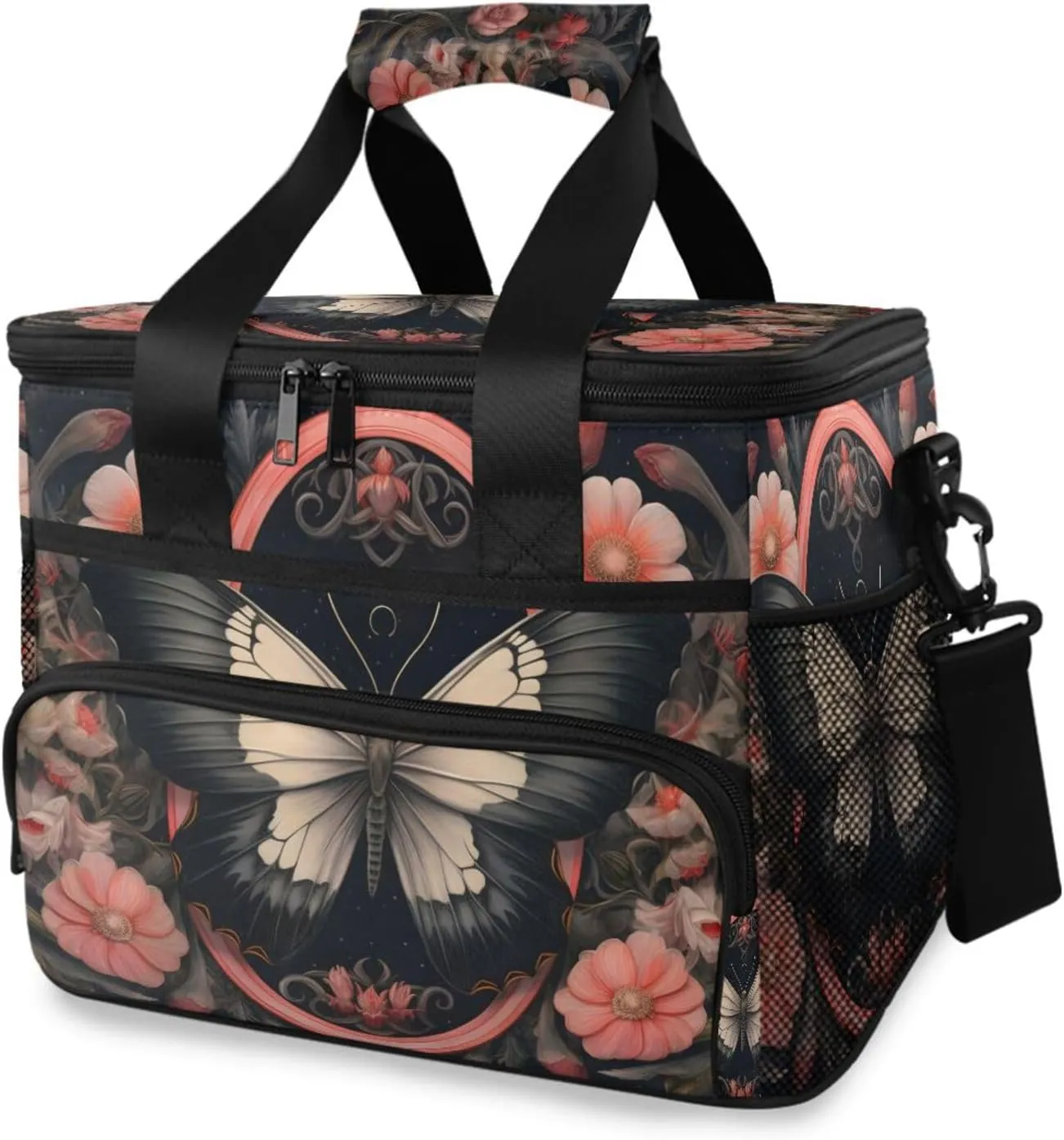 Insulated Cooler Bag 24 Cans Large Capacity Lunch Box-Gothic Butterfly Flower Print Leak Proof with Shoulder Strap for Camping Picnic