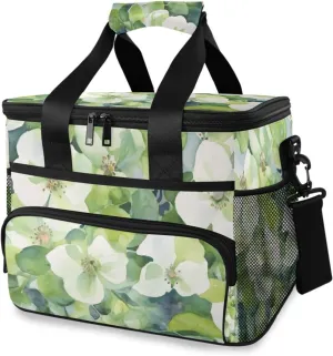Insulated Cooler Bag 24 Cans Large Capacity Lunch Box-Green White Flower Print Leak Proof with Shoulder Strap for Camping Picnic
