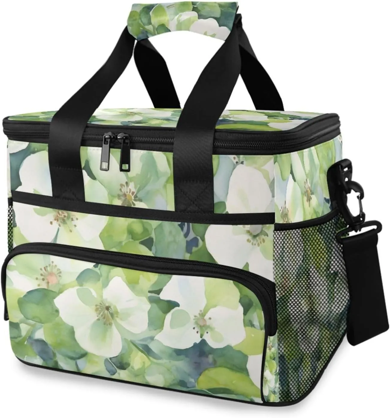 Insulated Cooler Bag 24 Cans Large Capacity Lunch Box-Green White Flower Print Leak Proof with Shoulder Strap for Camping Picnic